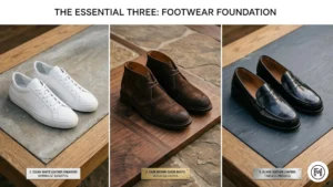 Rule 18 (Footwear): A display of the three essential shoes: clean white leather sneakers, brown suede boots, and black leather loafers.