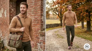 Image 19 (Camel + Olive): Traditional heritage style outfit with a camel polo and olive chinos near a rustic wooden barn. 