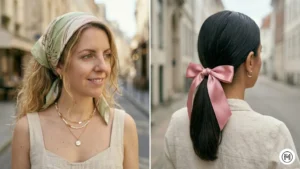 18- Hair Scarves & Ribbons: Aesthetic spring hair trends featuring silk scarves and satin ribbon bows in low ponytails.