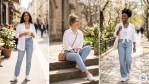 IMG 18 Three women in oversized white linen shirts with light-wash jeans, gold hoops, and white sneakers — effortless spring style