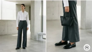 Outfit 18: A tailored minimalist look with wide-leg trousers and a structured white shirt. 