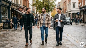 Alt Text: Layered transitional weather outfit for men with a plaid overshirt over a white tee and blue jeans.