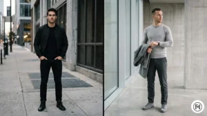 Rule 19 (Monochrome): A comparison of an all-black urban outfit and an all-grey tonal look using different fabric textures.