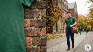 Image 20 (Forest Green + Navy): Collegiate smart casual look featuring a forest green polo and navy chinos with brown chukka boots near a university. 