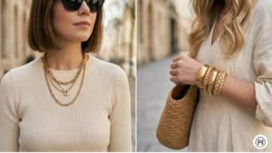 19- Gold Jewelry: Chunky layered gold necklaces and stacked gold bangles, the dominant jewelry trend for spring 2026.