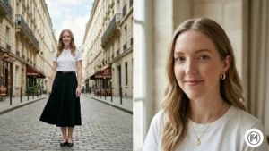Outfit 19: An elegant French-style outfit with a belted midi skirt, white tee, and gold hoop earrings.