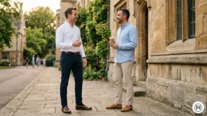 2. Smart Casual

A sophisticated outdoor shot of two colleagues. One man in a crisp white tucked-in Oxford shirt, navy slim-fit chinos, and brown leather penny loafers. The other in a light blue untucked Oxford, beige chinos, and tan suede loafers, holding a coffee cup. Setting: Stone building facade, soft evening natural light.

