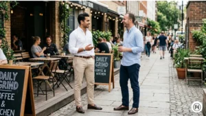 2: Smart casual men's outfit featuring a light blue Oxford button-down shirt, beige chinos, and brown leather loafers.