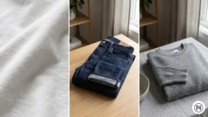 Rule 2 (Quality Basics): A grid displaying high-quality white cotton t-shirt fabric, folded raw denim jeans, and a premium grey cashmere sweater.