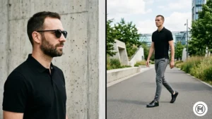 Image 3 (Black + Grey): Minimalist fall outfit featuring a man in a black polo and slim-fit grey chinos with black sneakers against an urban concrete wall. 