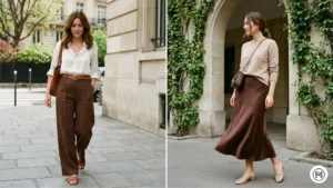 2- Chocolate Brown: Women's spring outfits featuring chocolate brown wide-leg linen trousers and satin slip skirts with cream blouses.