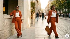 2. Burnt Orange Wide-Leg Suit Alt Text: Two views of a Black woman wearing a sophisticated burnt orange wide-leg suit with a white cami, perfect for a Spring 2026 power look. 
