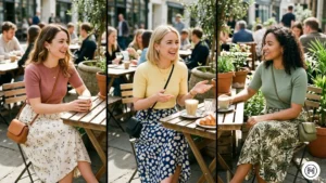2: Three different spring looks featuring a floral midi skirt paired with plain, fitted knit tops in dusty rose, butter yellow, and sage green.