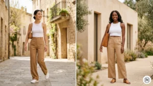IMG 02 Two women wearing camel wide-leg trousers and white ribbed tank outfits — minimal spring clean girl aesthetic