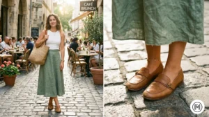 Outfit 2: An effortless brunch outfit featuring a linen midi skirt, ribbed tank, and woven tote bag.