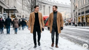 20. Winter Sharp

Two men on a snowy city street. Both wearing tailored camel-colored wool overcoats over turtlenecks and sweaters, paired with black jeans and boots. Blurred city lights in the background.


