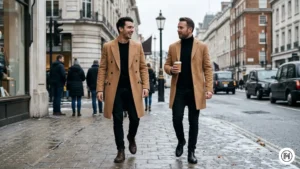 Alt Text: Sophisticated winter sharp style featuring a camel wool coat over black jeans and leather boots.