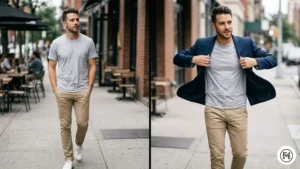 Rule 20 (Blazer): A before-and-after shot of a man in a t-shirt and chinos instantly elevated by adding a navy tailored blazer.
Rule 21 (Seasonal): A four-panel grid featuring a cotton scarf, a winter parka, summer sunglasses, and a fall flannel shirt.
Rule 22 (Confidence): A portrait of a man with good posture and a confident smile wearing a simple, well-fitted outfit.
Rule 23 (Watch): A comparison showing a wrist with excessive flashy jewelry versus a single, high-quality classic stainless steel watch.
Rule 24 (Minimalism): A minimalist wardrobe with only essential high-quality items and an organized drawer of neutral basics.