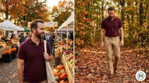 Image 21 (Burgundy + Khaki): Seasonal fall dressing for men showing a burgundy polo and khaki chinos at an outdoor autumn market. 