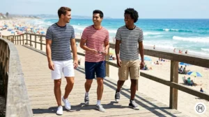 21. Summer Casual

Three men on a beach boardwalk. Horizontal striped tees (Navy/White, Red/White, Black/White) with tailored shorts and canvas sneakers. Bright, high-energy summer sun.

