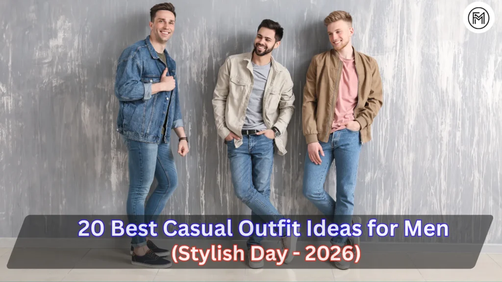 Four stylish men walking on a modern city street showcasing 2026 casual menswear trends, including denim jackets, blazers, and white tees.