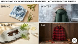Rule 21 (Seasonal): A four-panel grid featuring a cotton scarf, a winter parka, summer sunglasses, and a fall flannel shirt.