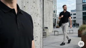 Image 22 (Black + Stone): Urban minimalist style featuring a black polo and light stone-colored chinos with black casual sneakers. 