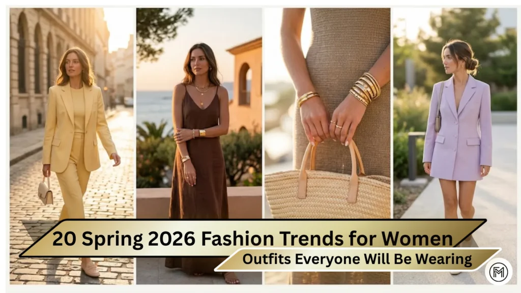 Collage of top 20 spring 2026 fashion trends for women featuring butter yellow suits, chocolate brown linen dresses, and woven raffia bags.