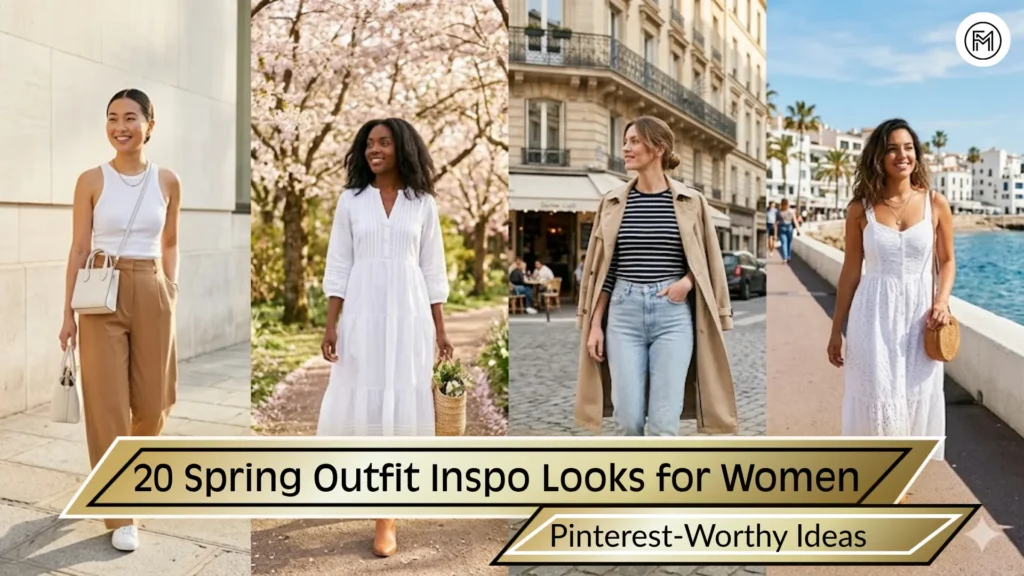 Four women in Pinterest-worthy spring outfits 2026 clean girl, cottagecore, French girl, and coastal aesthetics