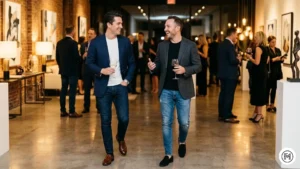 22. Smart Mix

Two men at an upscale event. Structured suit jackets (Navy and Charcoal) worn creatively over crewneck tees and slim-fit denim with loafers. Creative professional look.

