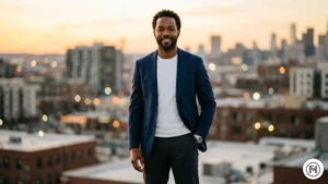 Rule 22 (Confidence): A portrait of a man with good posture and a confident smile wearing a simple, well-fitted outfit.