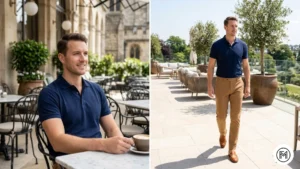 Image 23 (Navy + Camel): Elevated casual outfit for men with a navy polo and sophisticated camel chinos with tan leather loafers. 