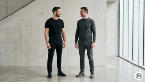 23. Sleek Minimal

Monochromatic style in a minimalist concrete space. One man in "All Black" (tee, trousers, sneakers) and one in "All Grey" (knit sweater, chinos, desert boots). Clean lines, architectural background.