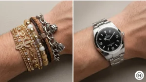 Rule 23 (Watch): A comparison showing a wrist with excessive flashy jewelry versus a single, high-quality classic stainless steel watch.
