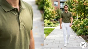 Image 24 (Olive + White): Fresh fall layering style featuring an olive polo and white chinos with white sneakers on a sunny walkway. 