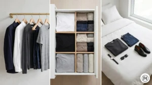 Rule 24 (Minimalism): A minimalist wardrobe with only essential high-quality items and an organized drawer of neutral basics.