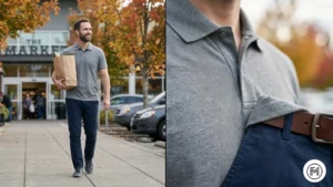 Image 25 (Grey + Navy): Effortless daily wear for men showing a grey polo and navy chinos with grey sneakers running weekend errands. 