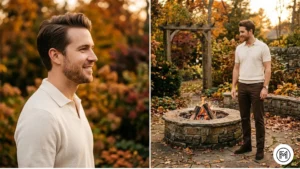 Image 26 (Cream + Brown): Cozy refined autumn look featuring a cream polo and rich brown chinos with brown suede boots near a fire pit.