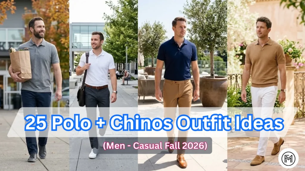 A four-panel collage of men's fall 2026 fashion featuring white, black, navy, and olive polos paired with navy, grey, beige, and khaki chinos in a natural autumn setting.