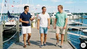 3. Summer Relaxed

A vibrant photo of three men of different ethnicities laughing near a sunny dock. Person 1 in a navy polo and white tailored shorts with boat shoes. Person 2 in a textured white polo and light blue denim shorts. Person 3 in a mint green polo and beige chino shorts. Background: Blurred blue water and boats.

