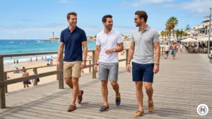3: Men's summer fashion with a navy polo shirt, tailored khaki shorts, and classic brown boat shoes.