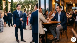 Rule 3 (Navy Suit): Two images showing a man wearing a full navy suit for a wedding and the same navy jacket paired with chinos for a business-casual dinner.