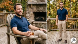 Image 4 (Navy + Beige): Classic preppy fall style showing a navy polo paired with beige chinos and brown leather boat shoes on an outdoor wooden deck. 