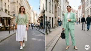 3- Pistachio & Soft Mint: Spring 2026 green fashion trends showing pistachio cardigans and mint green tailored blazers for women.