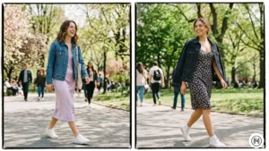 3: Two women walking in a park wearing the classic spring combination of a denim jacket, a silky slip dress, and white casual sneakers.
