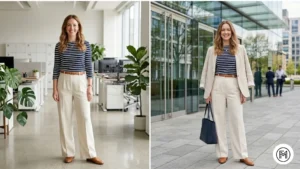 Outfit 3: A professional spring office look with wide-leg trousers, a striped Breton top, and a relaxed blazer.