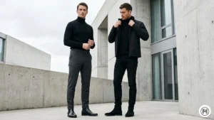4. Minimalist Chic

Sleek, modern photography of two men in black turtlenecks. One wears a fine-gauge knit tucked into charcoal wool trousers with polished black Chelsea boots. The other in a chunkier knit with black jeans. Contemporary concrete architecture background, high contrast, overcast day.

