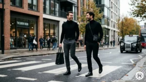 4: Minimalist winter style for men wearing a black turtleneck, slim grey trousers, and black Chelsea boots.