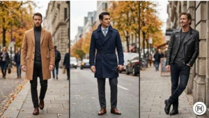 Rule 4 (Outerwear): A three-panel photo of a camel wool overcoat, a navy trench coat, and a classic black leather bomber jacket.
Rule 5 (Shoes): A collage showing leather loafers, white sneakers, and suede boots being maintained with cedar shoe trees.