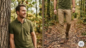 Image 5 (Olive + Khaki): Rugged autumn look for men featuring an olive green polo and khaki chinos with brown suede boots on a nature path. 